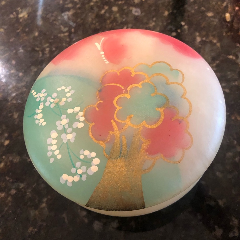 Artistic Tree Design Decorative Genuine Alabaster Trinket Bowl with hinged lid.